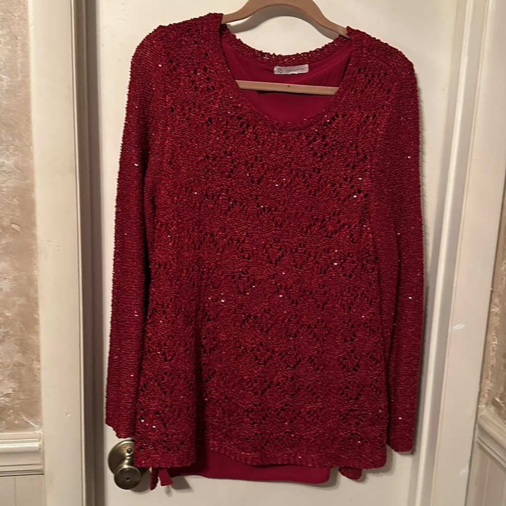Pullover Cranberry Red Sequin Sweater Size L